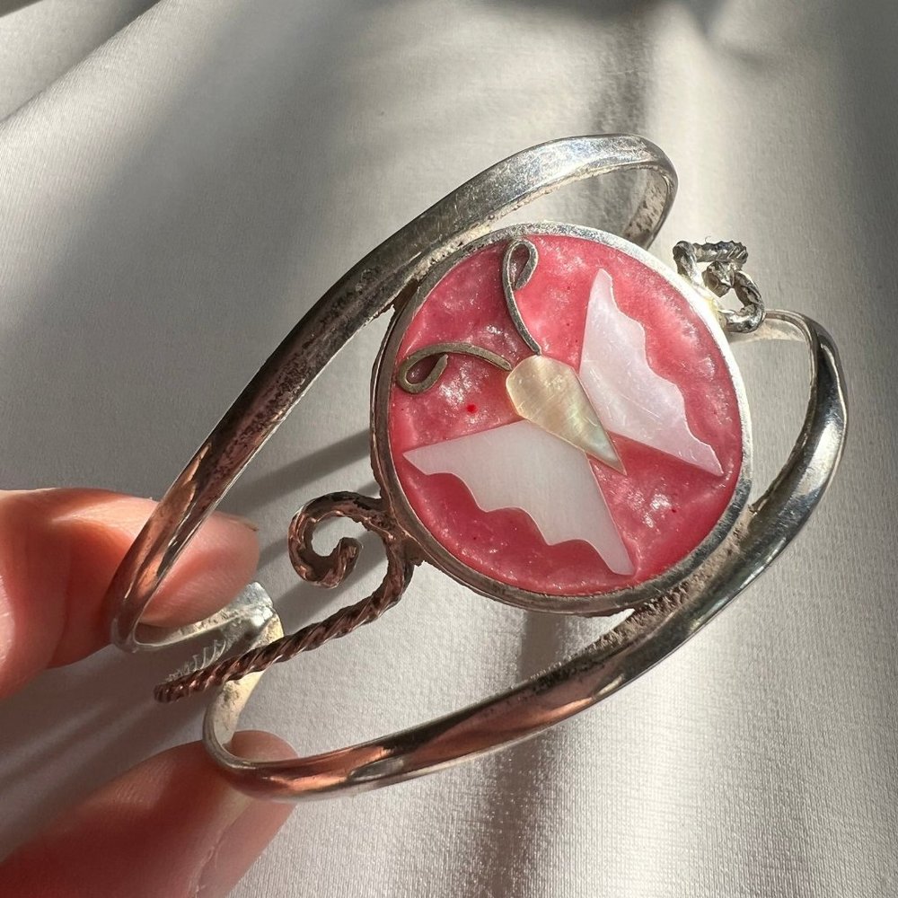 Mother of Pearl Pink Butterfly Silver Tone Mexico Alpaca Cuff Bracelet